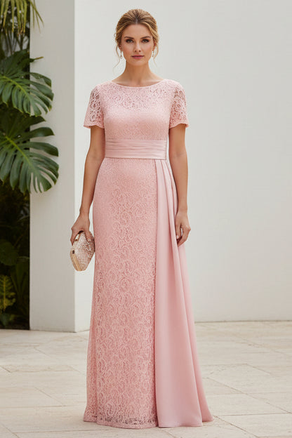 Lace Column Evening Gown with Satin Side Drape
