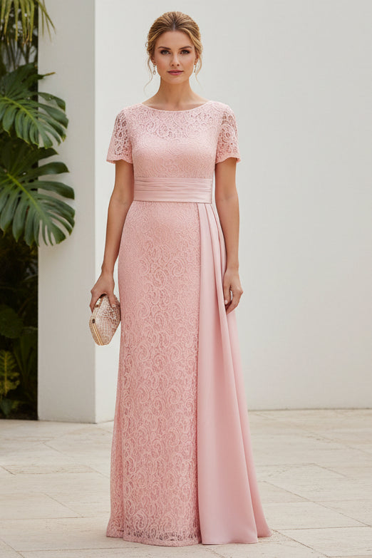 Lace Column Evening Gown with Satin Side Drape