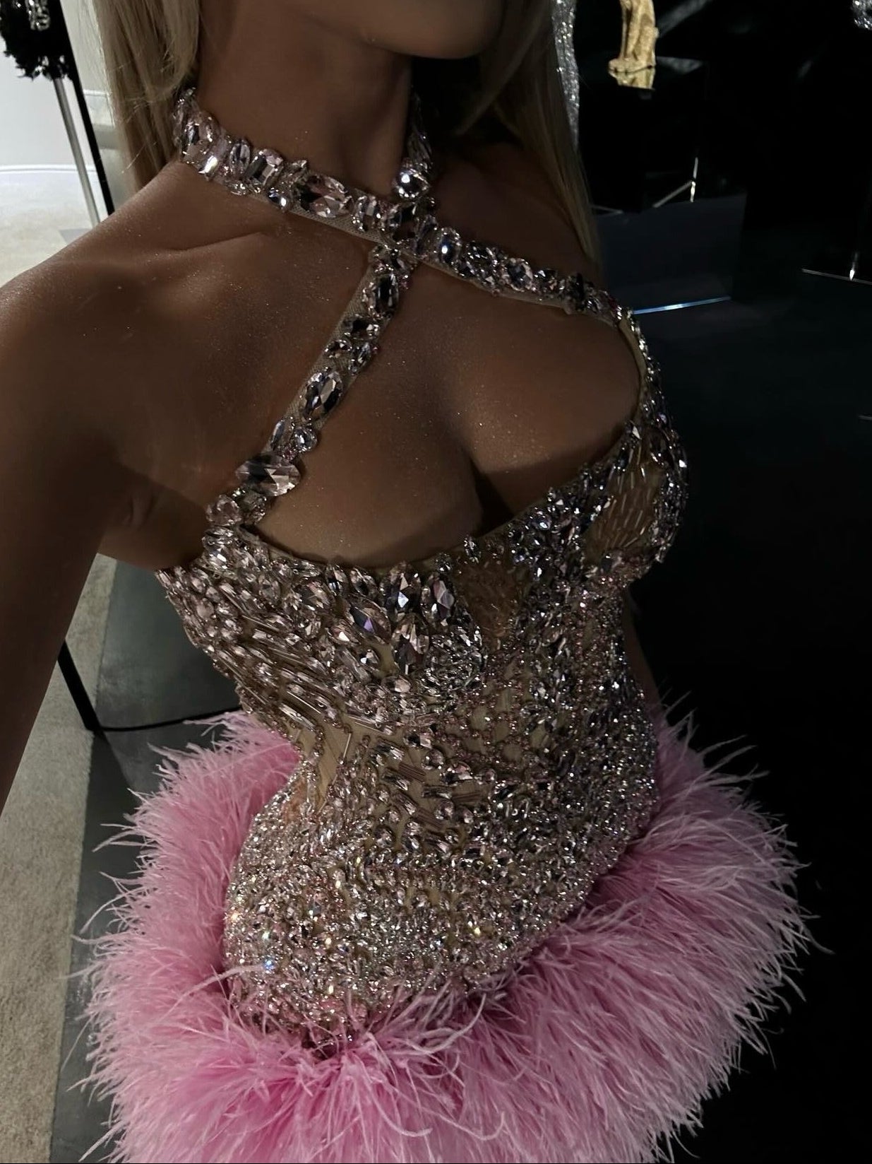 Halter Crystal Embellished Corset Mini Dress with Feathers