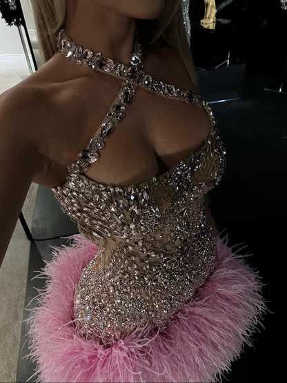 Halter Crystal Embellished Corset Mini Dress with Feathers