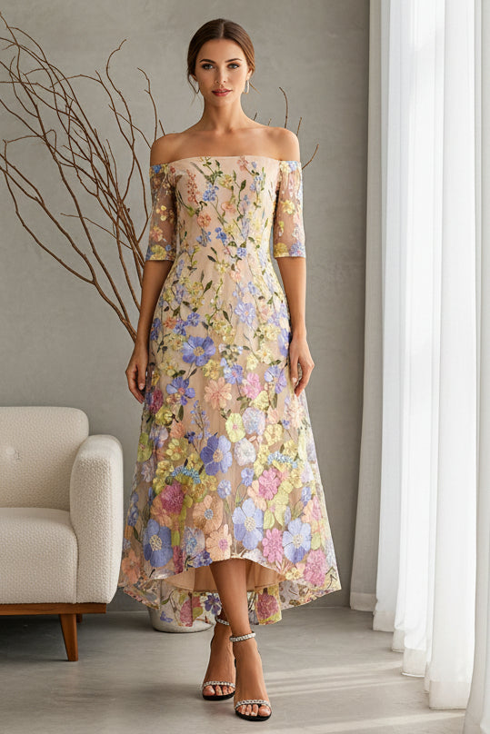 Floral Embroidered Off Shoulder A-Line Midi Dress