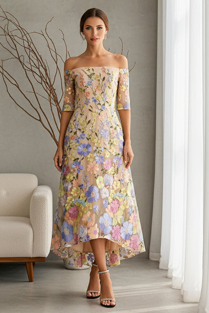 Floral Embroidered Off Shoulder A-Line Midi Dress