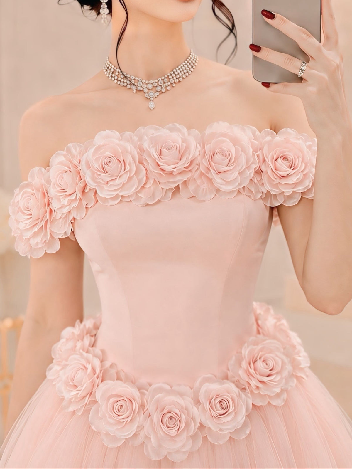 Off-the-Shoulder 3D Floral Tulle Ball Gown