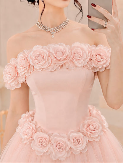 Off-the-Shoulder 3D Floral Tulle Ball Gown