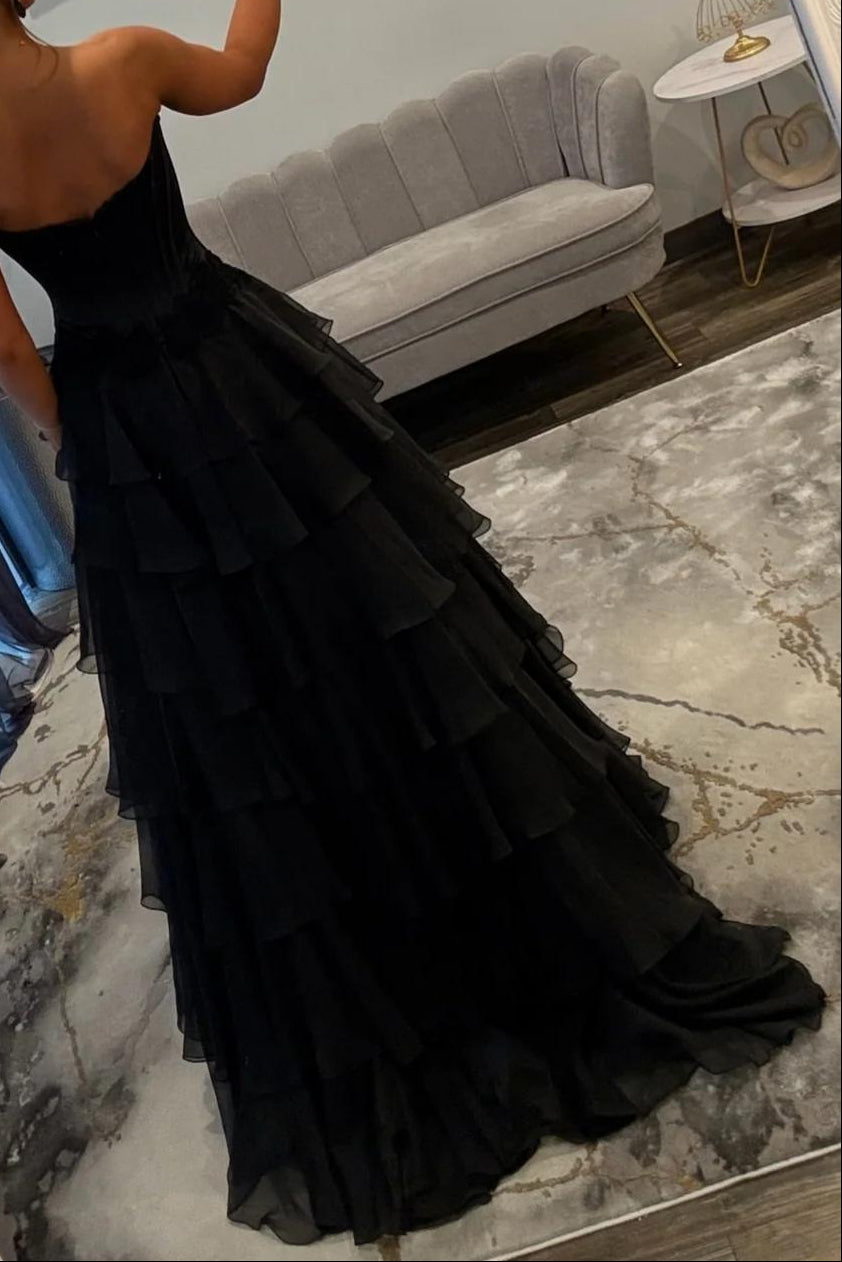 Strapless Tiered Gown with Corset Bodice and Slit