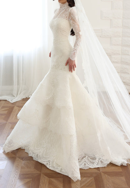 High Neck Lace Mermaid Wedding Dress with Tiered Skirt