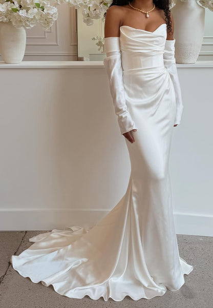 Draped Satin Wedding Dress with Detached Sleeves