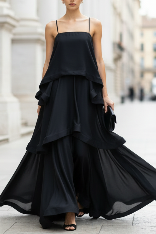 Black Tiered Ruffle Spaghetti Strap Floor-Length Formal Gown