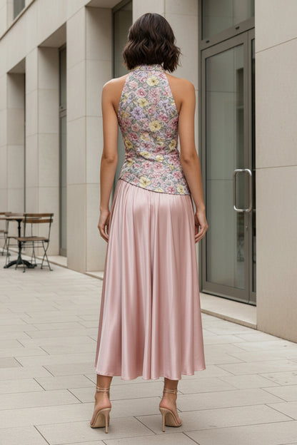 Floral Lace Halter Top & Satin Pleated Midi Dress