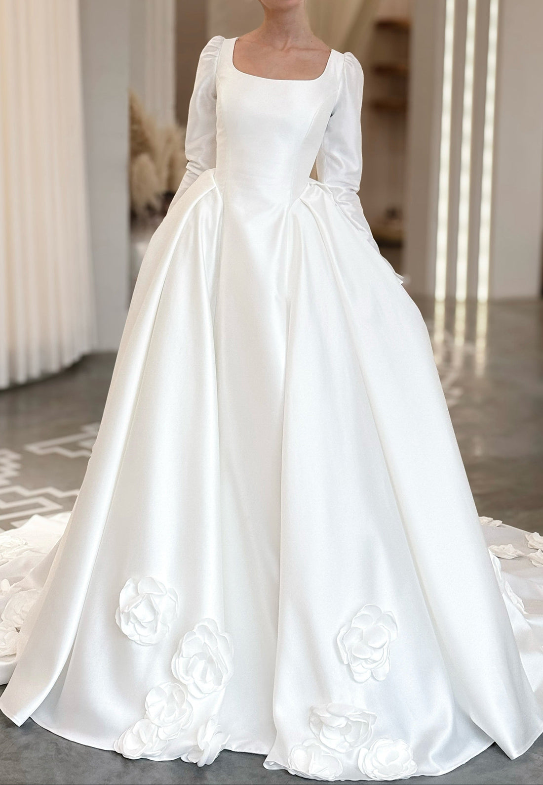 Square Neck Satin Ball Gown Wedding Dress with 3D Flowers