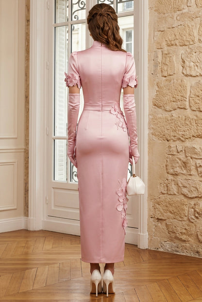 High Neck Column Dress with Floral Appliques