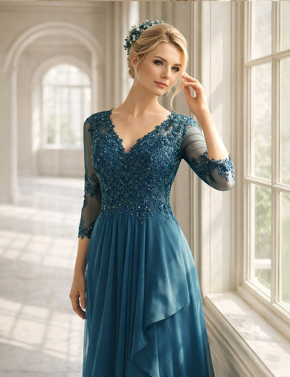 Lace Bodice Chiffon Evening Gown