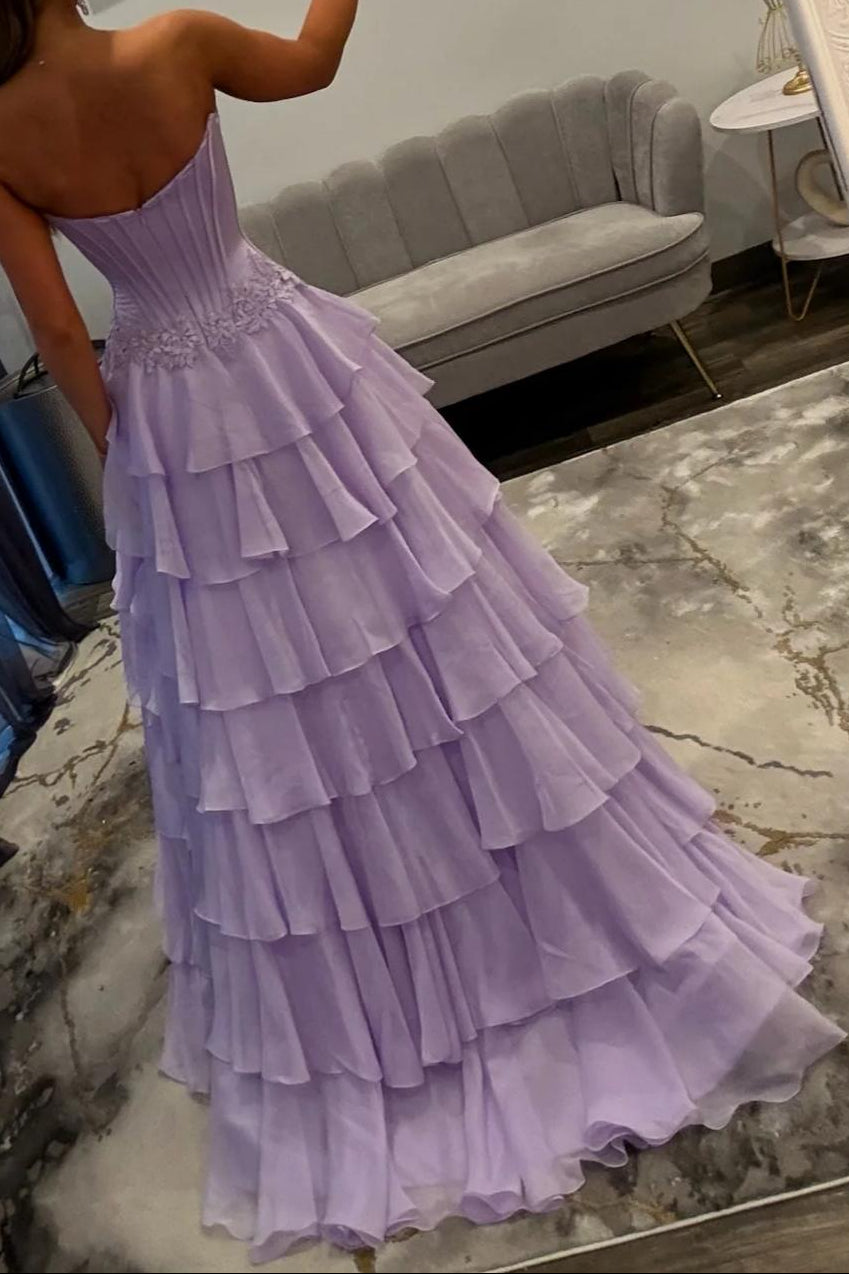 Strapless Tiered Gown with Corset Bodice and Slit