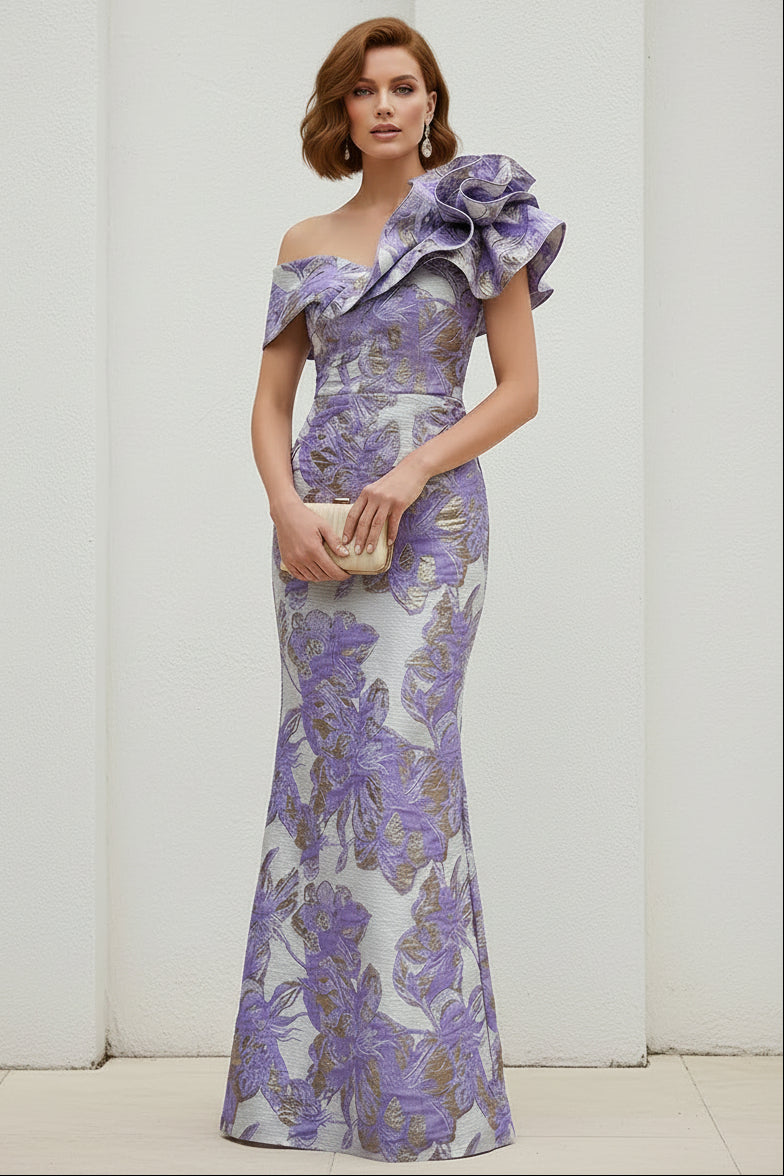 One-Shoulder Metallic Jacquard Column Evening Gown