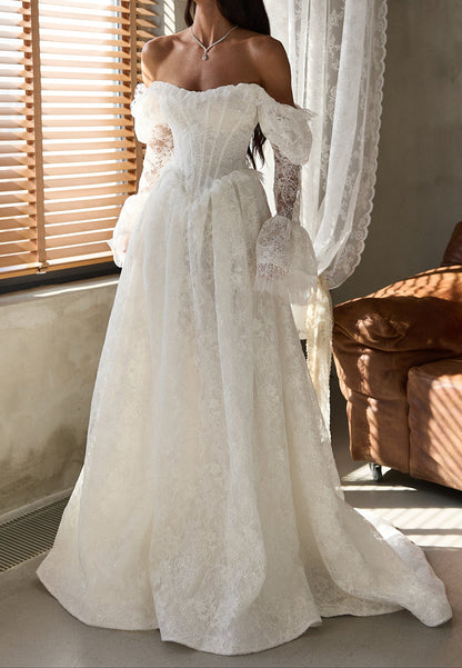 Corset Lace A-Line Wedding Dress with Long Sleeves