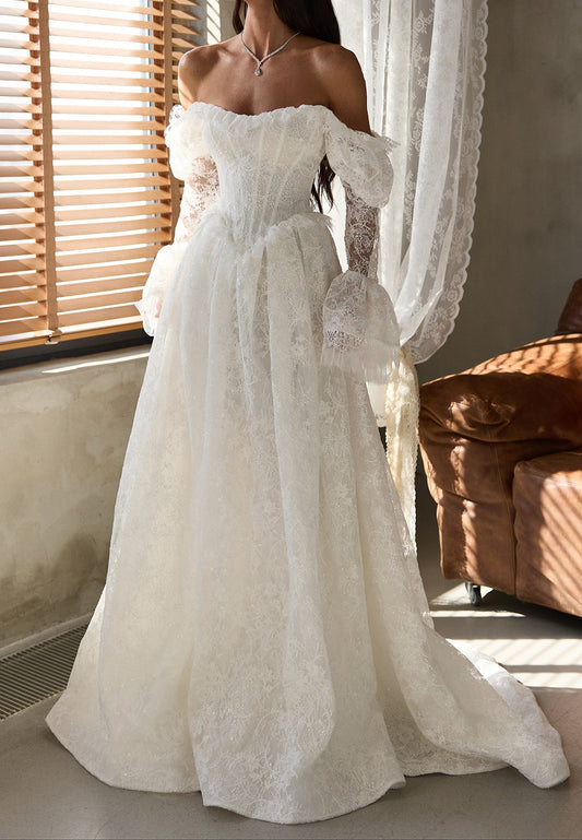 Corset Lace A-Line Wedding Dress with Long Sleeves