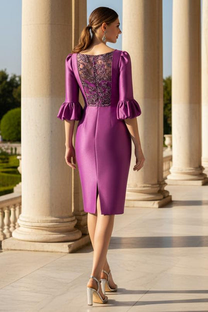 V-Neck Sheath Midi Dress with Ruffle Sleeves