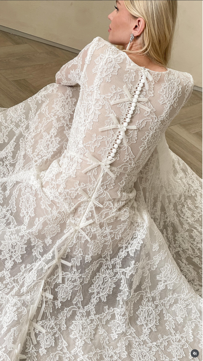 Lace Long Sleeve A-Line Wedding Dress with Bow Back