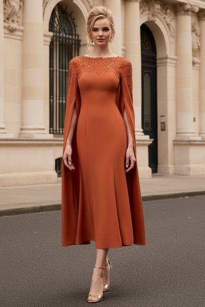 Elegant Cape Sleeve Midi Dress with Lace Neckline