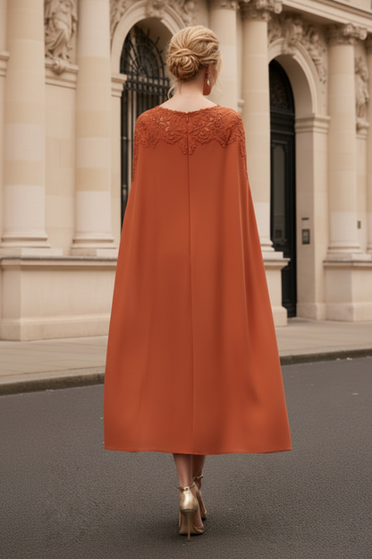 Elegant Cape Sleeve Midi Dress with Lace Neckline