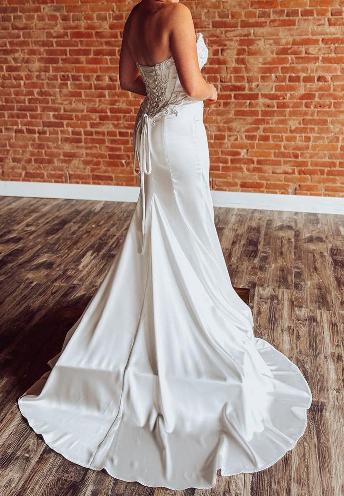 Corset Wedding Dress with Slit & Puffed Sleeves