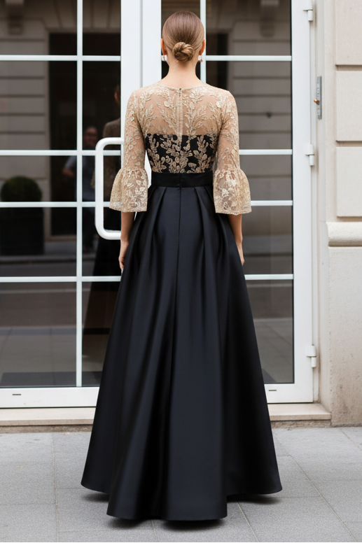 Embroidered Illusion Bodice A-Line Gown with Belt