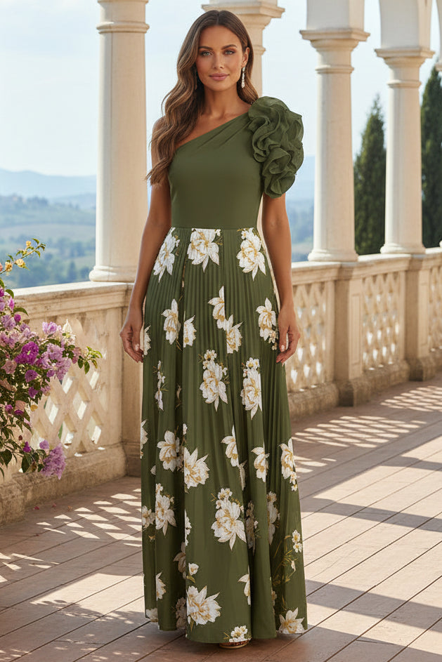 One-Shoulder Pleated Floral Maxi Dress