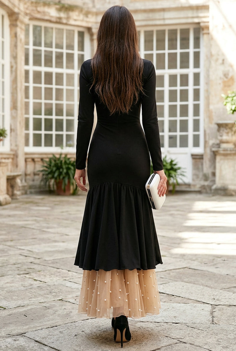 Asymmetric Ruffle Maxi Dress with Pearl Accents