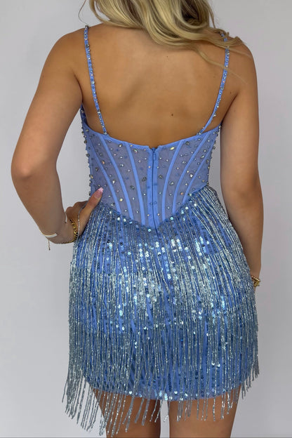 Rhinestone Corset Beaded Fringe Mini Dress