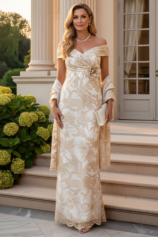 Off-the-Shoulder Jacquard Gown with Matching Shawl