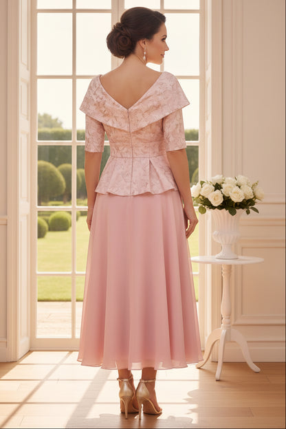 Elegant Jacquard Peplum Dress with Chiffon Skirt