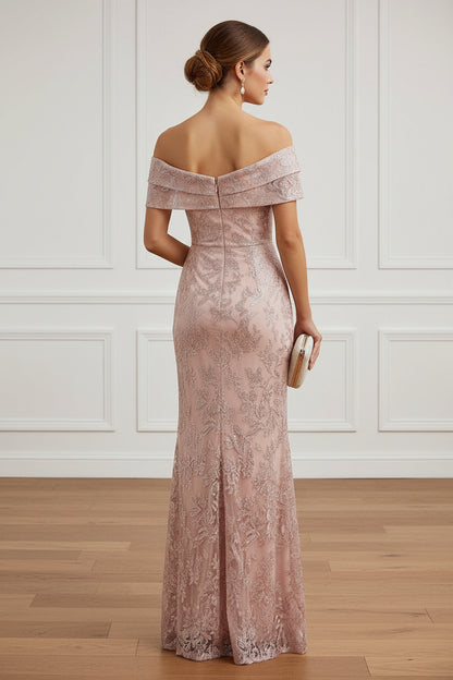 Off-the-Shoulder Ruched Lace Evening Gown with Slit