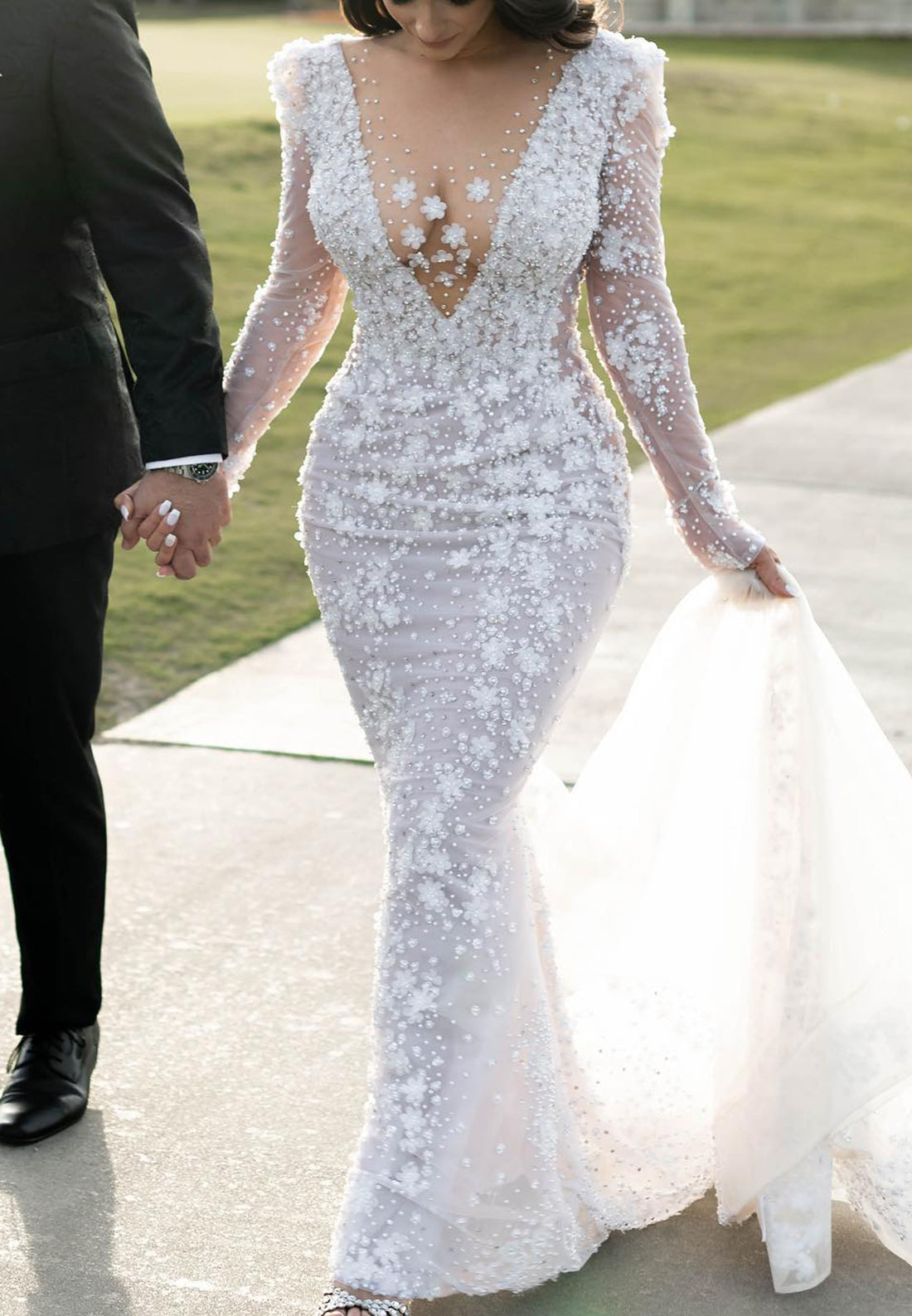 Beaded Illusion Plunge Mermaid Wedding Dress