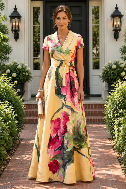 Floral Wrap A-Line Maxi Dress with Collar