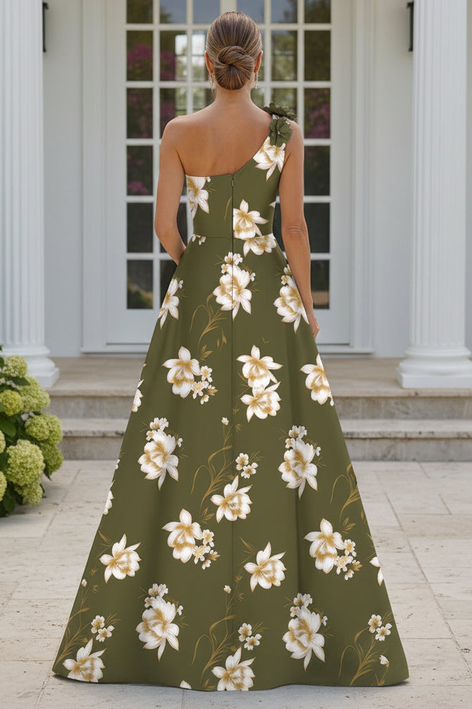 One-Shoulder Floral Print A-Line Evening Gown