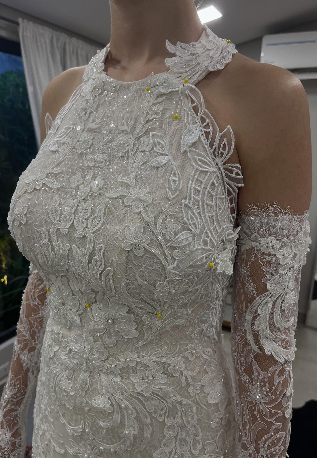 Halter Lace Mermaid Wedding Dress with Detachable Sleeves
