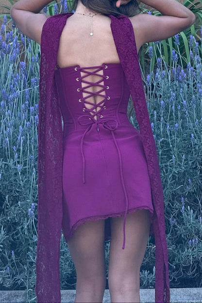 Corset Mini Dress with Lace Trim and Back Scarf
