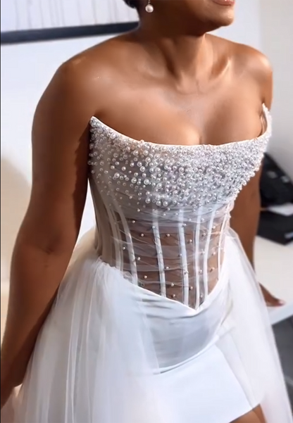 Pearl Corset Mini Wedding Dress with Tulle Train