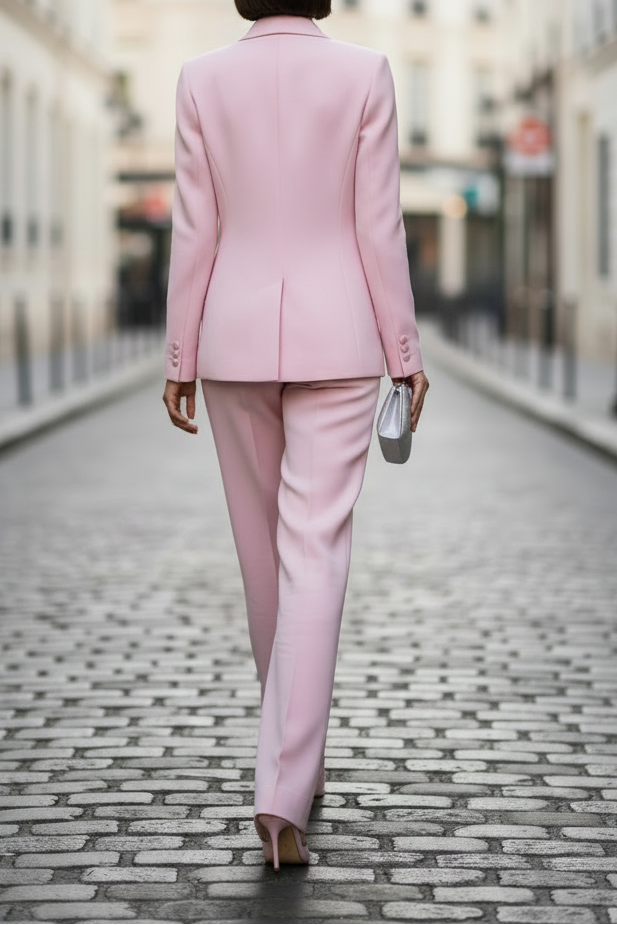 Pink Power Pantsuit with Shoulder Flower Detail | Elegant Tailored Two-Piece Set