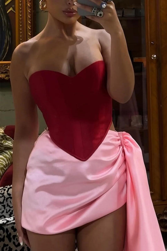 Two Piece Corset Top Satin Mini Skirt Set with Train