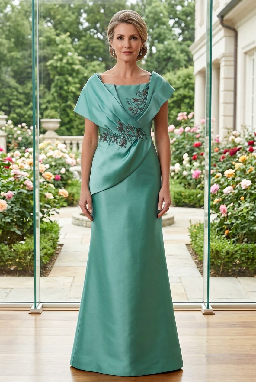 Embroidered Asymmetric Overlay Evening Dress