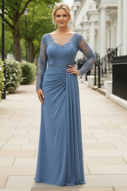 Embroidered Long Sleeve Ruched Evening Gown