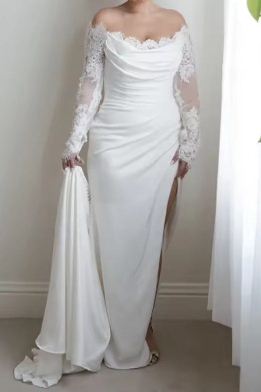 Off-the-Shoulder Lace Sleeve Gown with Slit