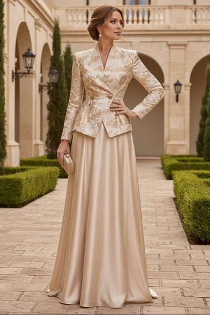 Floral Jacquard Peplum Jacket and Satin Gown Set