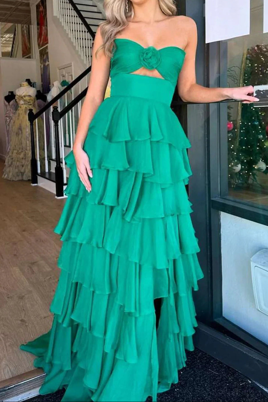 Strapless Tiered Floral Ruffle Gown with Slit