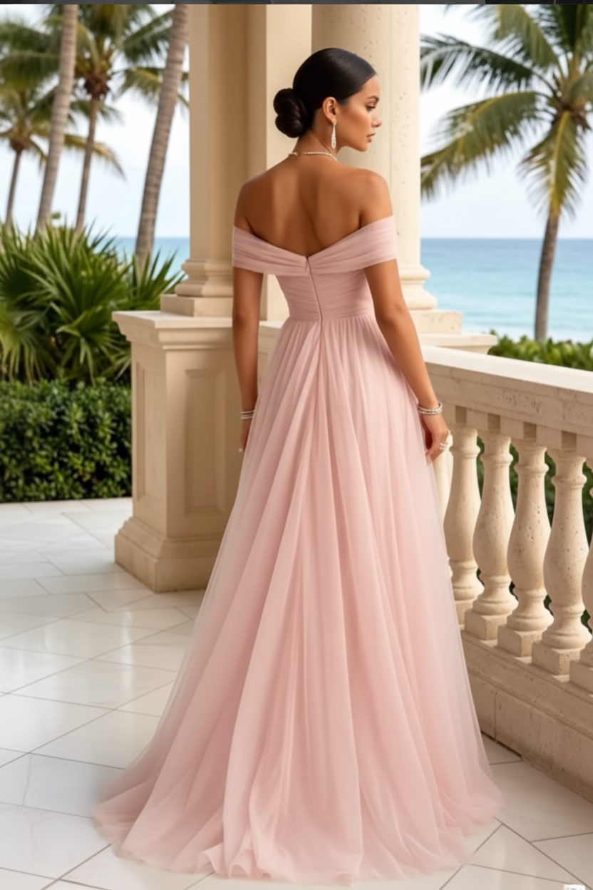 Off-the-Shoulder Ruched Tulle Gown with High Slit