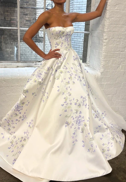 Floral Print Strapless Corset Ball Gown