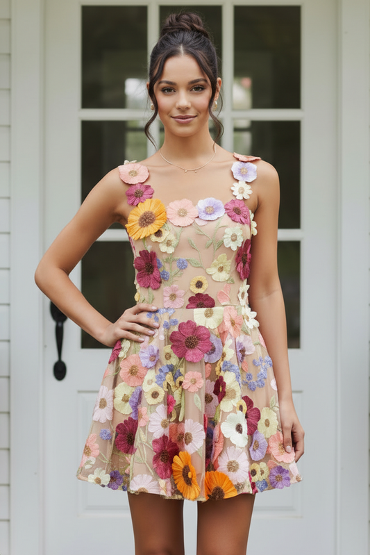 3D Floral Applique A-Line Mini Dress