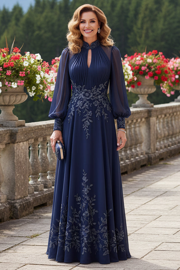 Embroidered Keyhole High-Neck Chiffon Gown