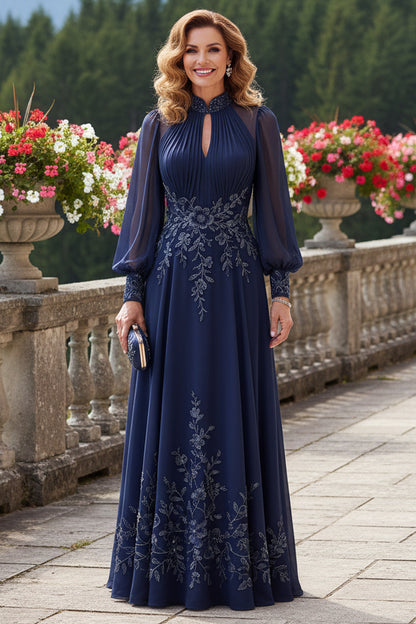 Embroidered Keyhole High-Neck Chiffon Gown